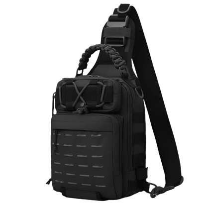 Black Tactical Chest Sling Backpack: Compact, versatile, MOLLE-ready with night reflectivity, breathable backing, and organized multi-layer pockets.