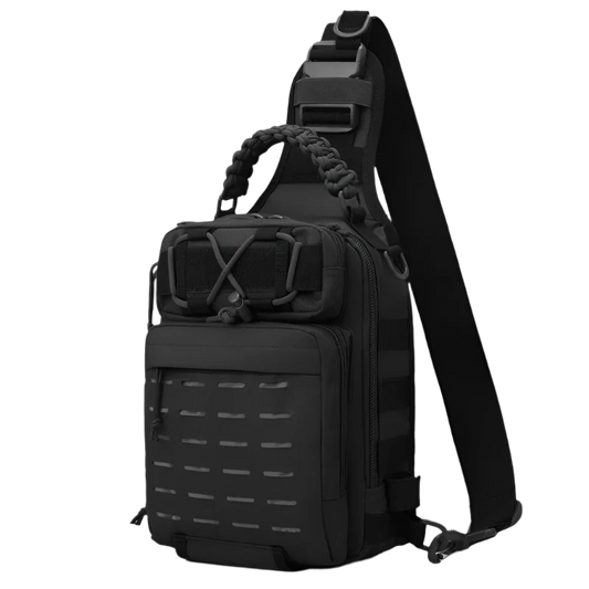 Black Tactical Chest Sling Backpack: Compact, versatile, MOLLE-ready with night reflectivity, breathable backing, and organized multi-layer pockets.