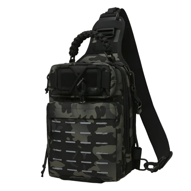 Forest Camo Tactical Chest Sling Backpack: Compact, versatile, MOLLE-ready with night reflectivity, breathable backing, and organized multi-layer pockets.