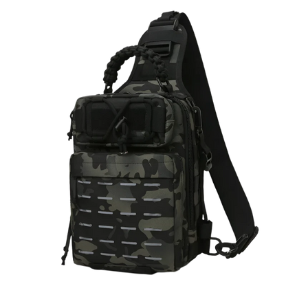 Forest Camo Tactical Chest Sling Backpack: Compact, versatile, MOLLE-ready with night reflectivity, breathable backing, and organized multi-layer pockets.