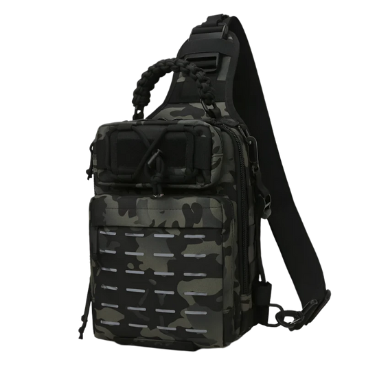 Forest Camo Tactical Chest Sling Backpack: Compact, versatile, MOLLE-ready with night reflectivity, breathable backing, and organized multi-layer pockets.