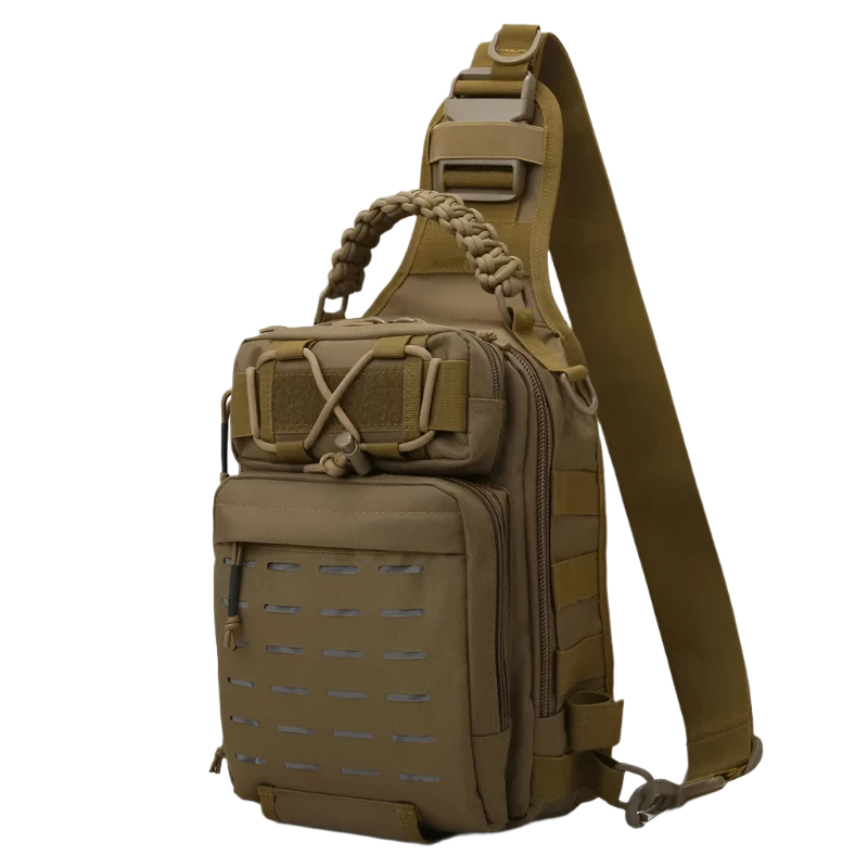 Khaki Tactical Chest Sling Backpack: Compact, versatile, MOLLE-ready with night reflectivity, breathable backing, and organized multi-layer pockets.