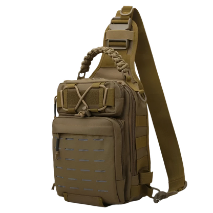 Khaki Tactical Chest Sling Backpack: Compact, versatile, MOLLE-ready with night reflectivity, breathable backing, and organized multi-layer pockets.