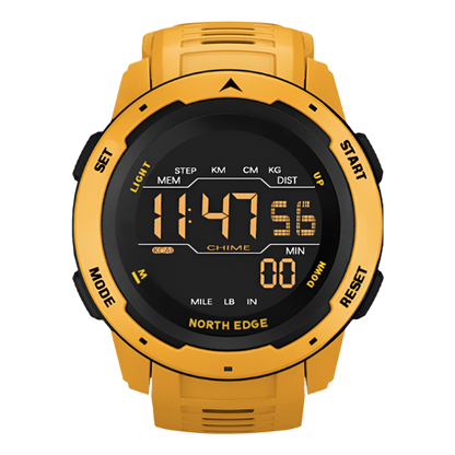 Yellow Digital Sports Watch, waterproof and lightweight.