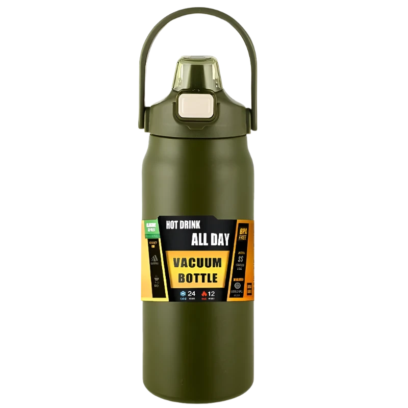 Green Stainless Steel Thermos, durable vacuum insulation.