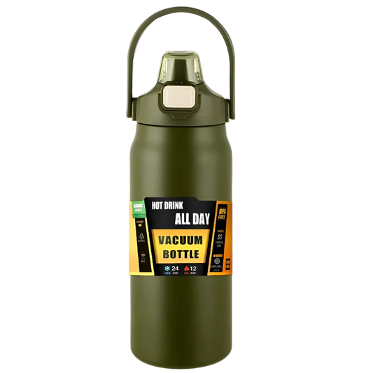 Green Stainless Steel Thermos, durable vacuum insulation.