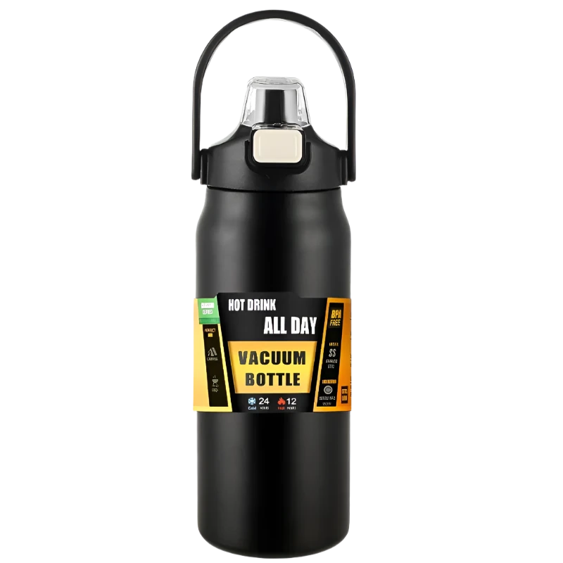 Black Stainless Steel Thermos, durable vacuum insulation.