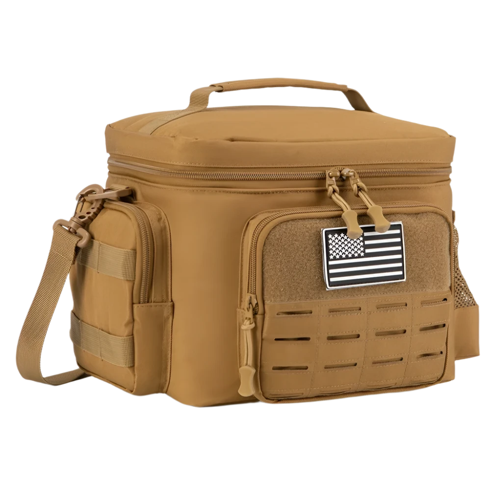 A khaki tactical lunch box with an American flag patch on the front, made from high-density 600D Oxford fabric, featuring multiple pockets and secure carrying straps.
