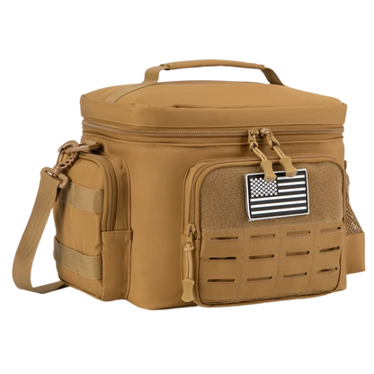 A khaki tactical lunch box with an American flag patch on the front, made from high-density 600D Oxford fabric, featuring multiple pockets and secure carrying straps.