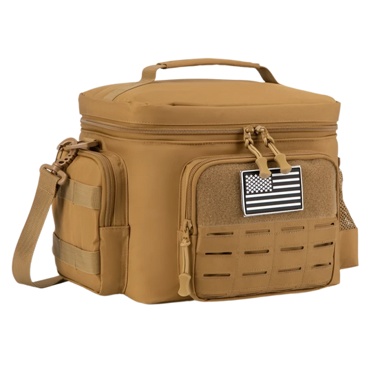 A khaki tactical lunch box with an American flag patch on the front, made from high-density 600D Oxford fabric, featuring multiple pockets and secure carrying straps.