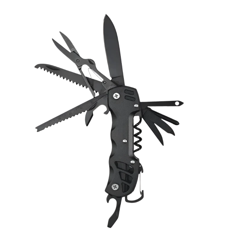 black survival multi folding camping tool