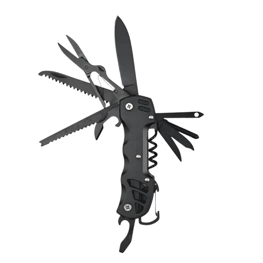 black survival multi folding camping tool