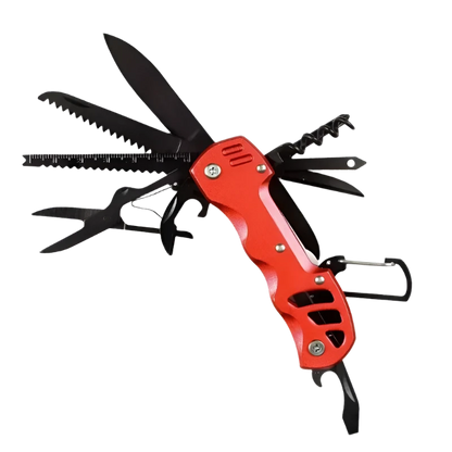 red survival multi folding camping tool