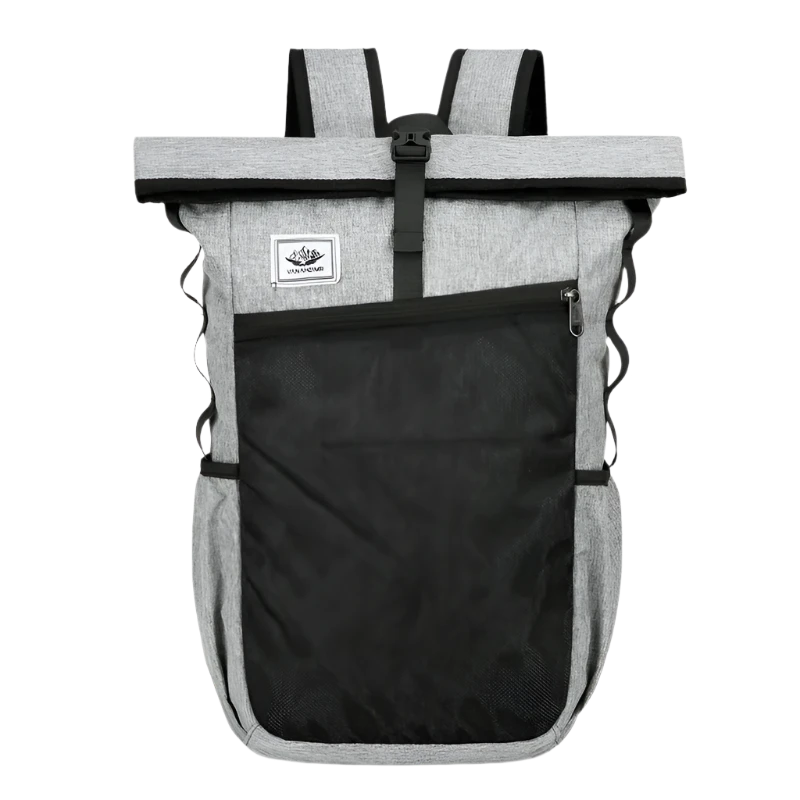 Grey Outdoor Backpack: Waterproof, durable, foldable, and spacious for essentials; perfect for hiking, camping, cycling, and travel.