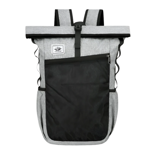 Grey Outdoor Backpack: Waterproof, durable, foldable, and spacious for essentials; perfect for hiking, camping, cycling, and travel.