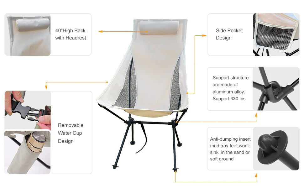 Ultralight Camp Chair with headrest design.