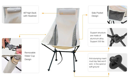 Ultralight Camp Chair with headrest design.