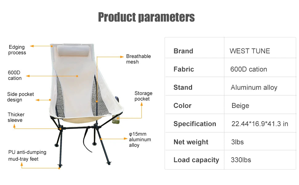 Ultralight Camp Chair with headrest design.