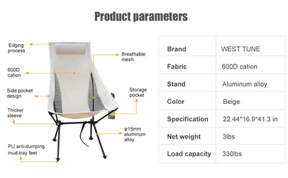 Ultralight Camp Chair with headrest design.