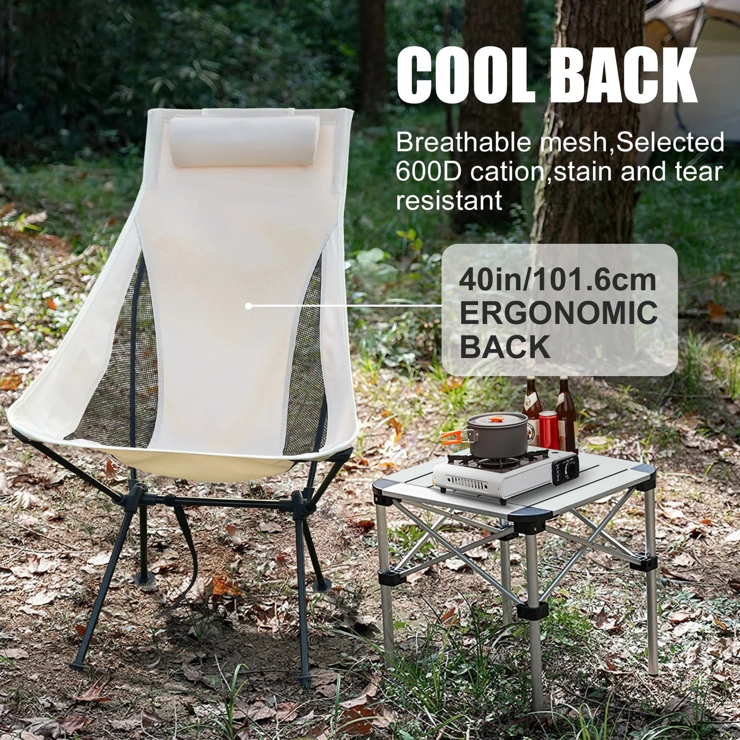 Ultralight Camp Chair with headrest design.