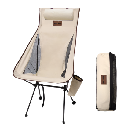 Beige Ultralight Camp Chair with headrest design.